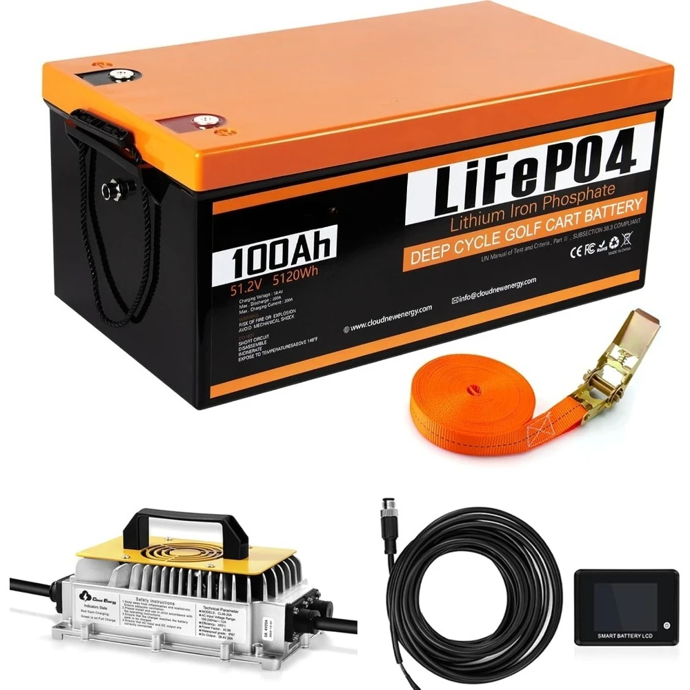 48V(51.2V) LiFePO4 Lithium Golf Cart Battery Built-in 200A BMS,with Mobile APP,Touch Monitor and retention strap,6000+ Cycles