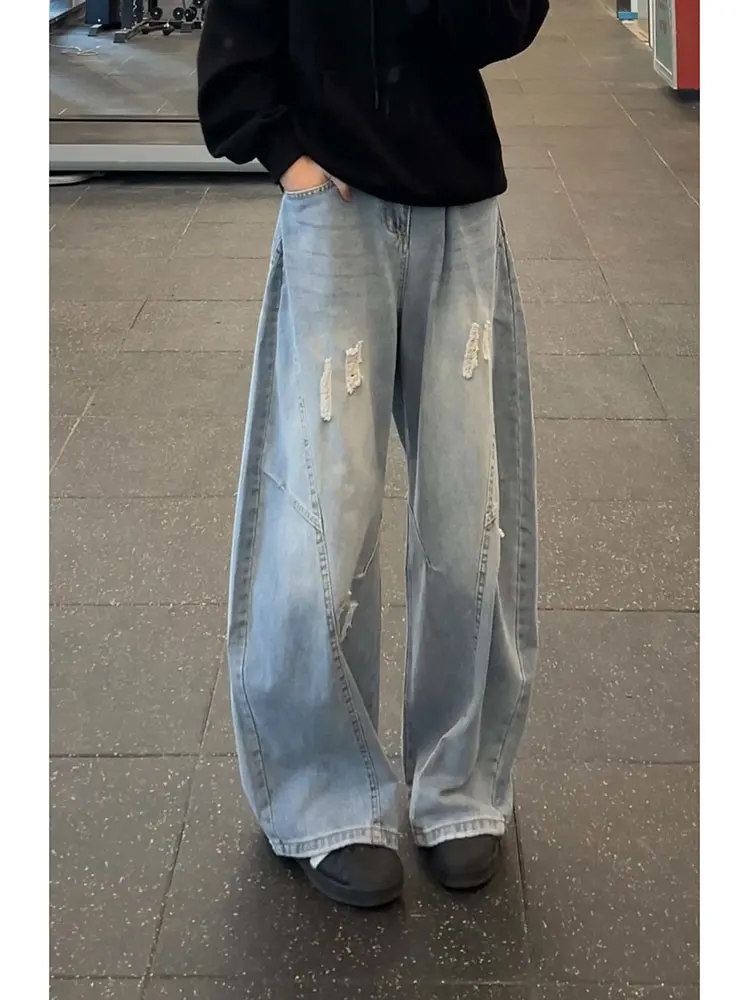 

Cleanfit Vintage Blue Ripped Denim Jeans Men's American High Street Vibe Angle Cut Scythe Pants Straight Wide Leg Trousers