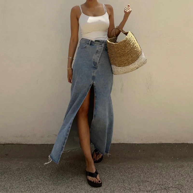 

OMSJ Blue Denim Skirt Women Vintage Style Irregular Design High-waisted Button Up Pockets Patchwork Split Midi Skirts Streetwear