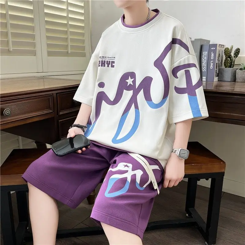 

T-shirts Shorts Suits for Men Print Graphic Man Sets No Logo Tee High Quality Original Brands 2 Piece Outfit Korean Two Set Kpop