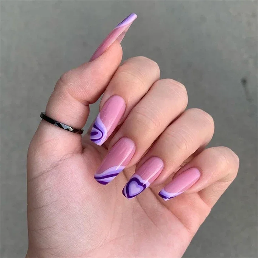 24pcs/set French Peach Fake Nails Purple Color Blocking Press on Nail Art Full Coverage Removable Acrylic Wearing False Nails