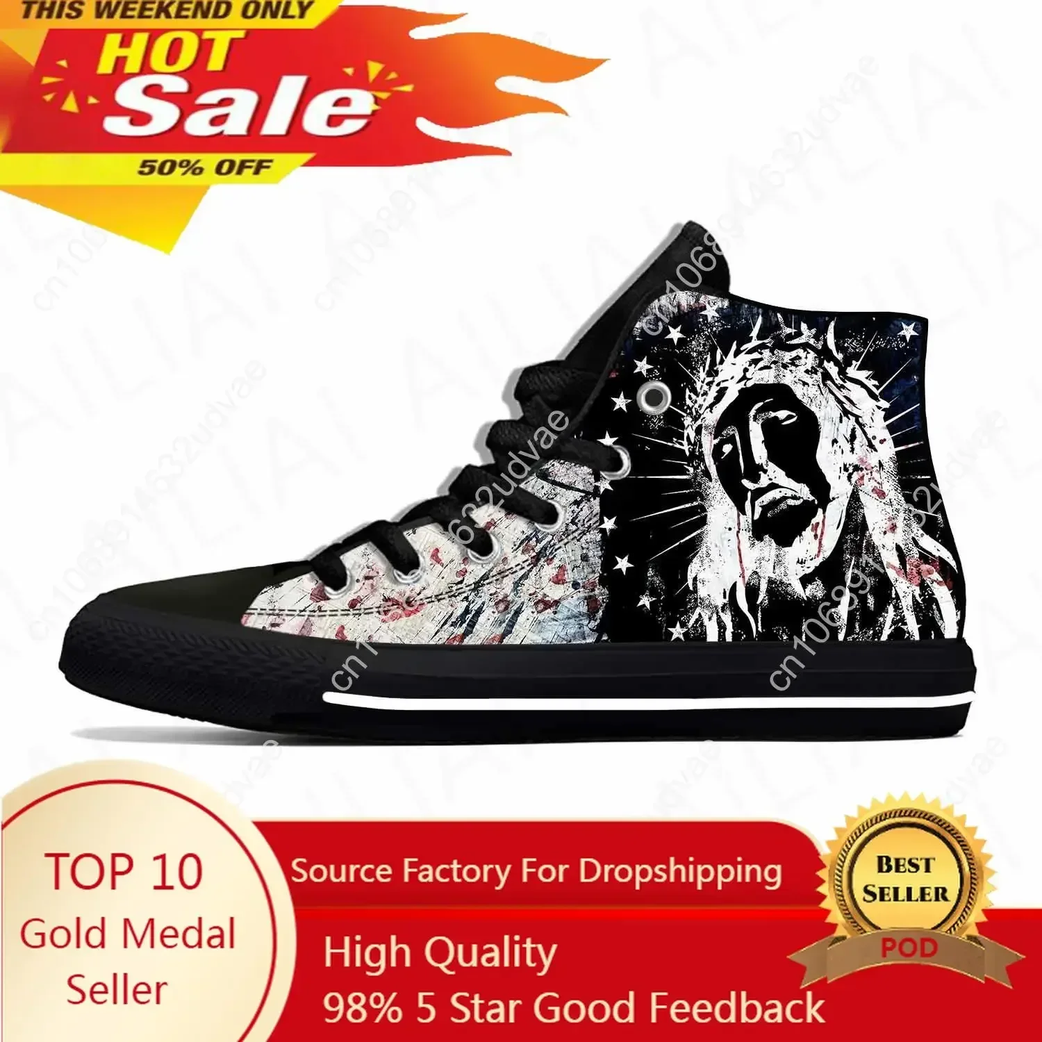 

Jesus Christ Christian Cross God Faith Religion Casual Cloth Shoes High Top Comfortable Breathable 3D Print Men Women Sneakers