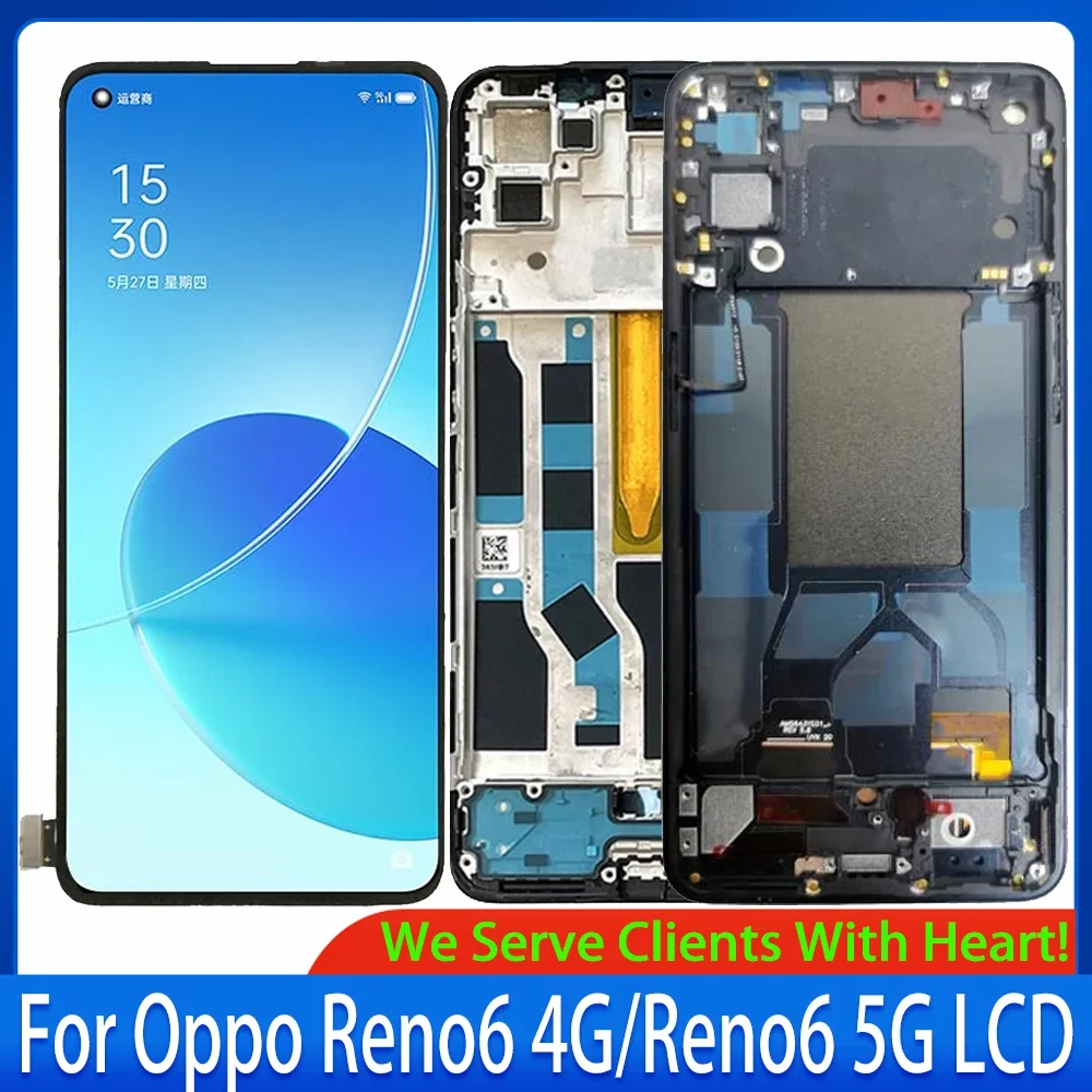 AMOLED For Oppo Reno6 5G PEQM00 CPH2251 LCD Display Touch Screen With Frame Panel Digitizer For Oppo Reno6 4G CPH2235 LCD