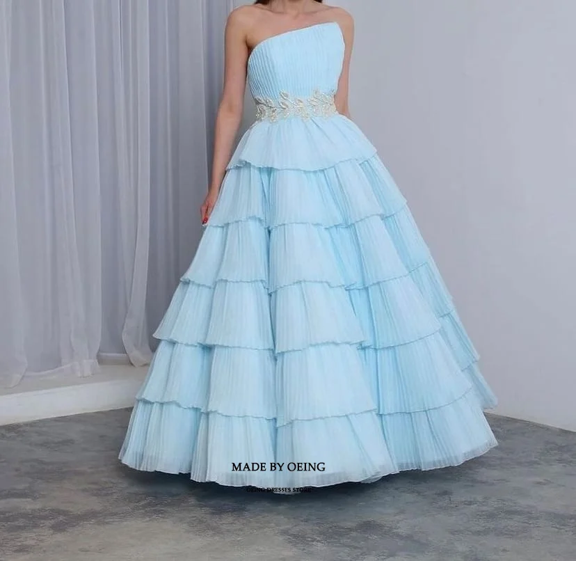 OEING Sky Blue A-Line Prom Dresses Elegant Princess Strapless Tulle Tiered Evening Dress Formal Occasion Gown Vestidos De Novia