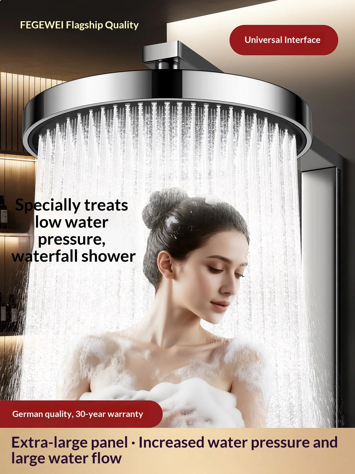 Oversized‑Panel High‑Pressure Ceiling‑Mount Rain Shower Head, Waterfall Spray Nozzle for Bathroom