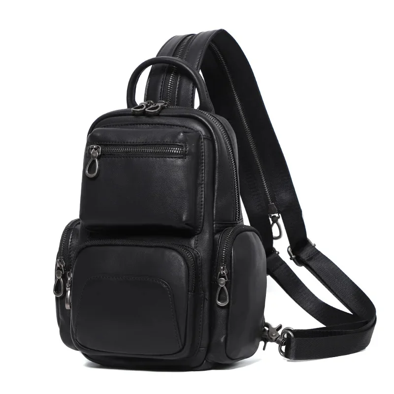 Bolsa de peito multifunções de couro genuíno masculina, bolsa mensageiro de couro, mini mochila casual, moda