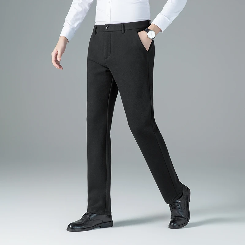 Winter Men Slim Straight-Leg Trousers Black Gray Thermal Antibacterial Static-resistant Spandex Fabric Pant Cosy Warm Collection