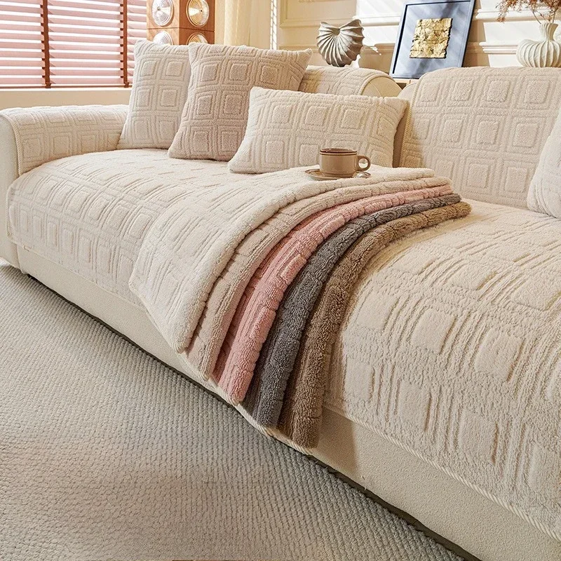 Chinese Cream Style Jacquard Plush Sofa Cover Winter Warm Straight Sofa Cushion Thick Anti Slip Fabric Sofa Mat Animal Friendly