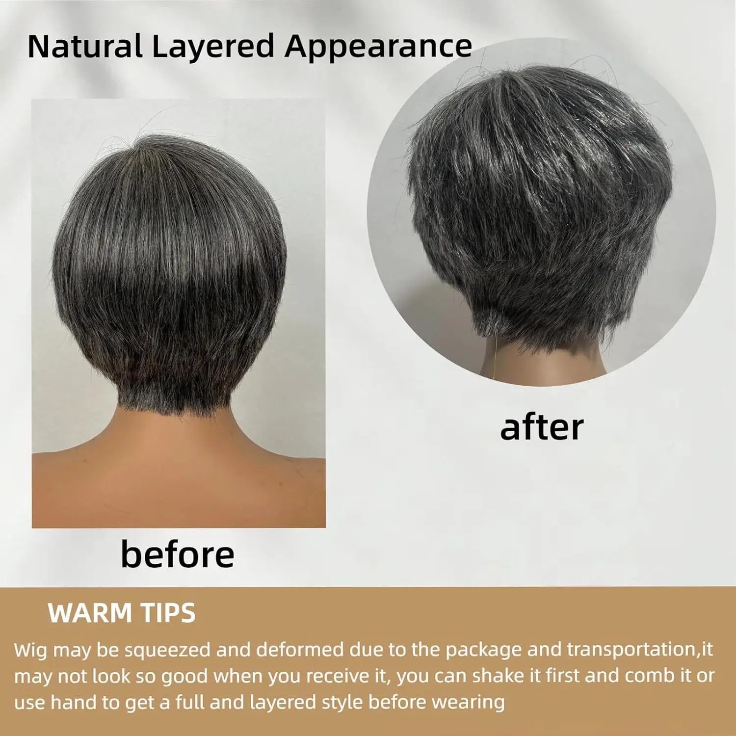 Salt and Pepper Grey Wig Human Hair Natural Grey-White Layered Short Pixie Cut Wig Human Hair for Women Wear and Go Glueless Wig