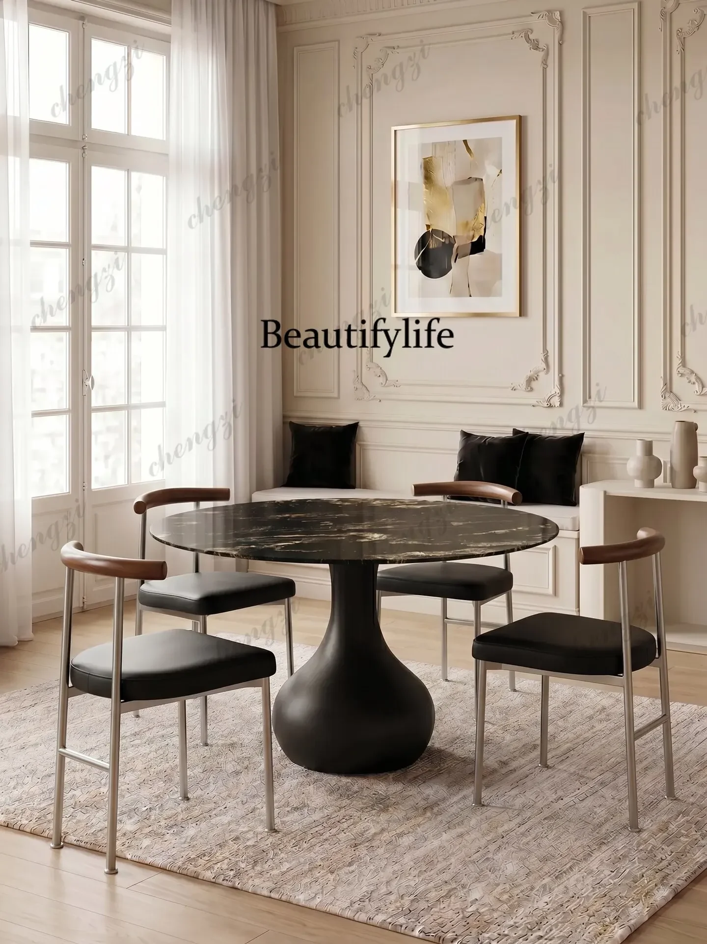 c139 French retro style natural luxury stone dining table premium feeling water drop table imported universe black luxury stone