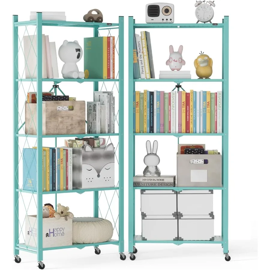 2Pack Folding Bookshelf on Wheels Cute Rolling Shelves for Bedroom Colorful Storage Cart for Rooms Nursery No Assembly Metal Bo