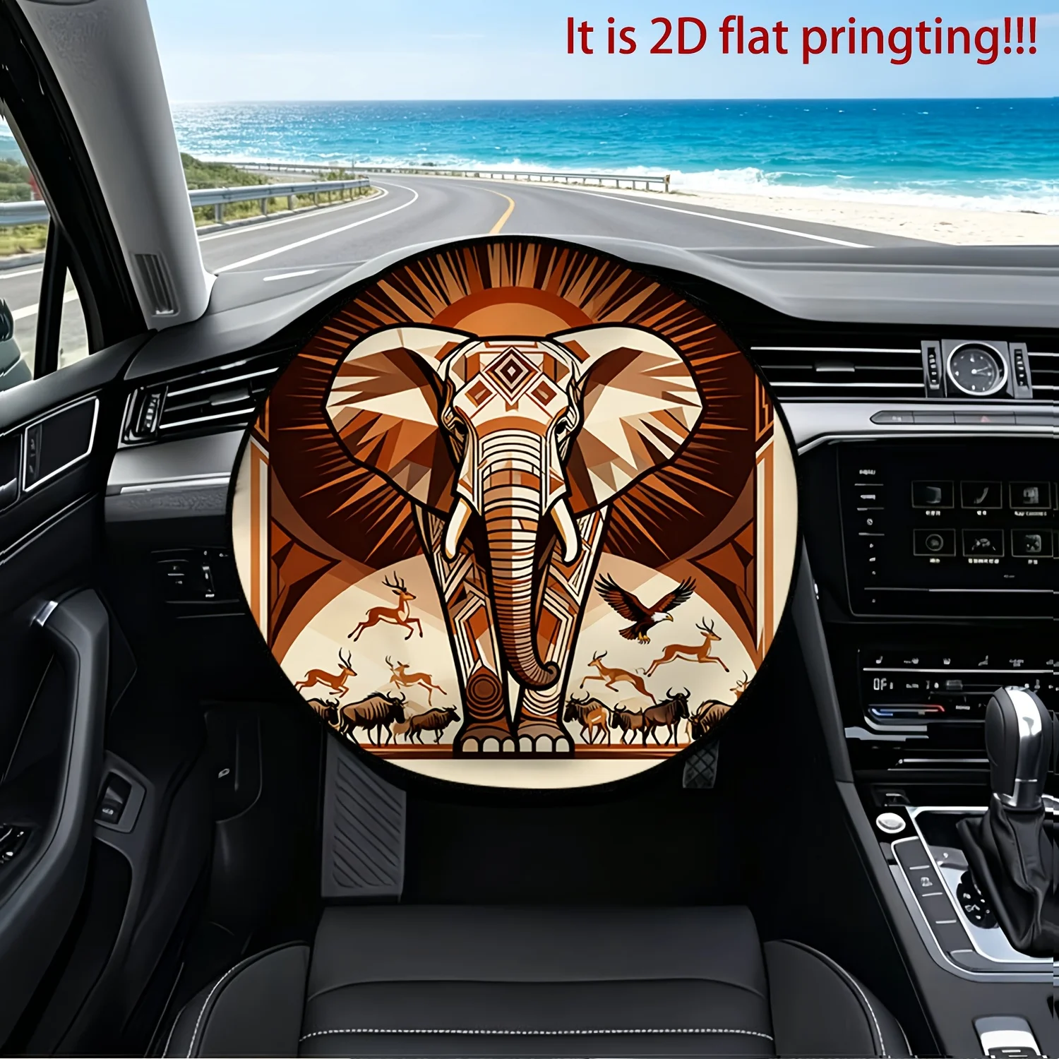 1pc African Elephant Herd Galloping On The Grassland Sunrise Pattern Car Steering Wheel Cover - Heat Insulation, Sunshade, High-