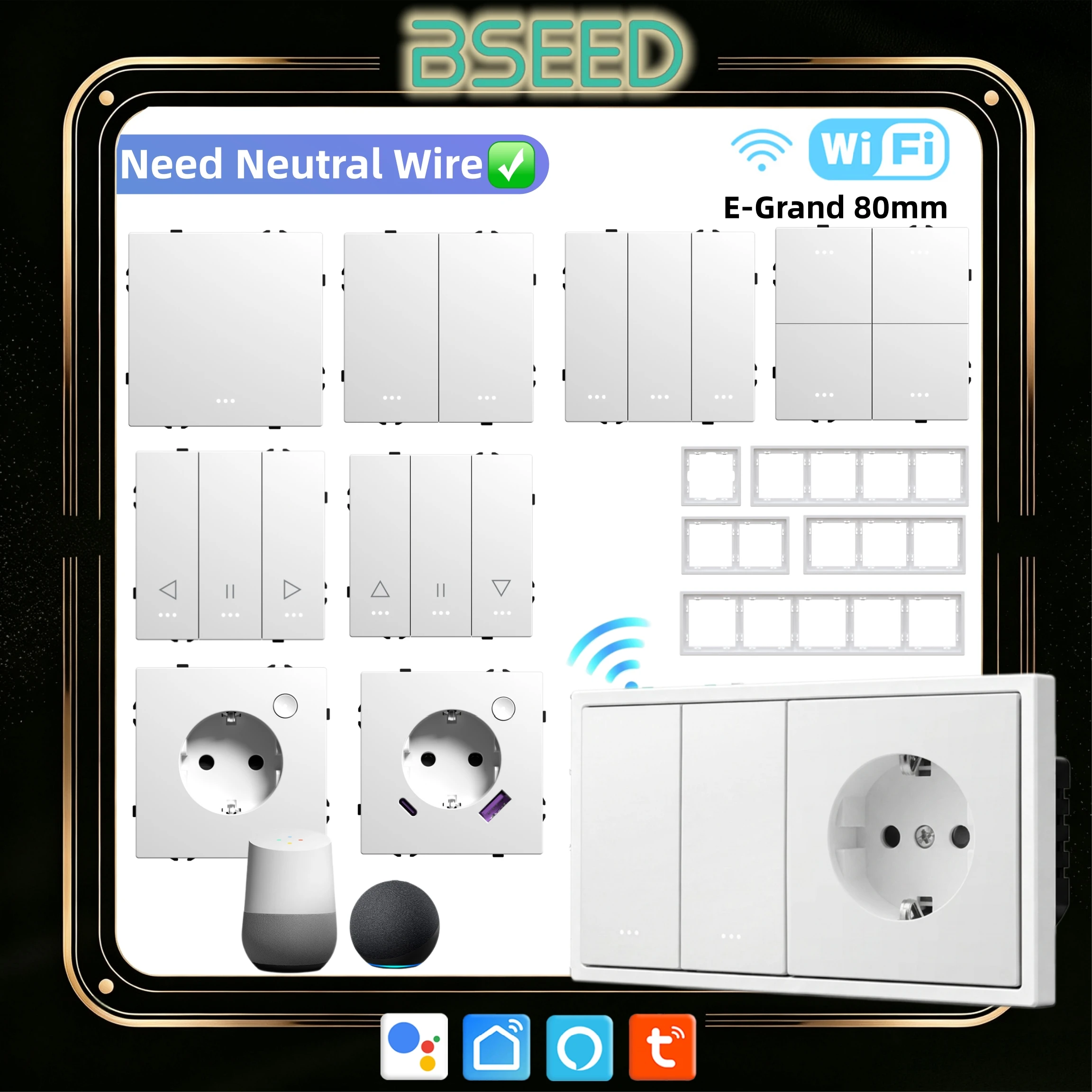 BSEED E Grand Series Wifi Button Switch Module Curtain Shutter Plastic Frame Smart Socket DIY Part Tuya SmartLife Yandex Control