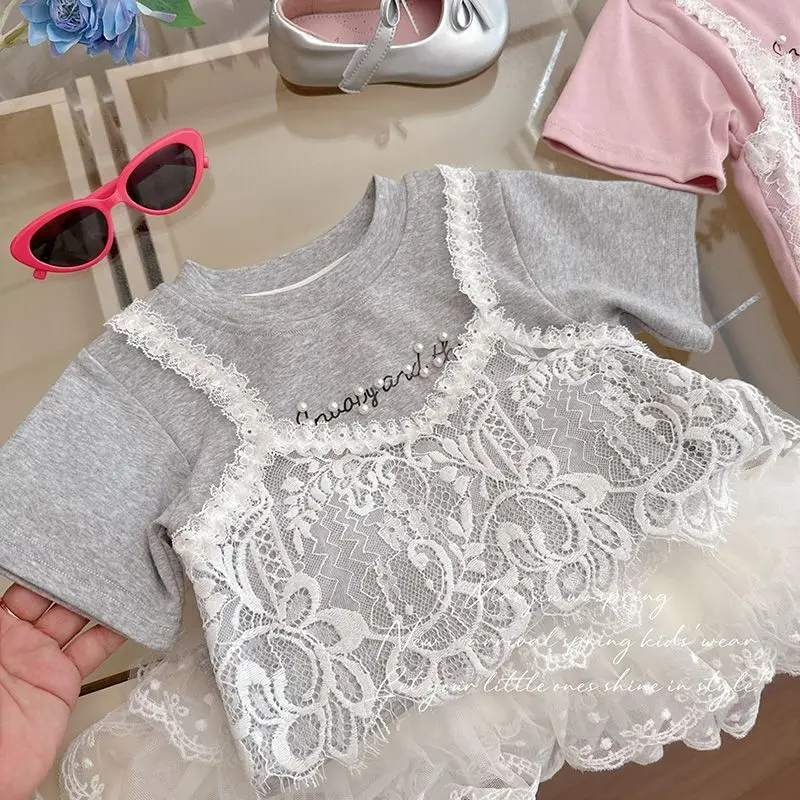 

T-shirt Girls Pure Cotton Korean Style Summer Lace New Short Sleeved Fake Two Piece Summer Mid Size Children Fashionable T 2025