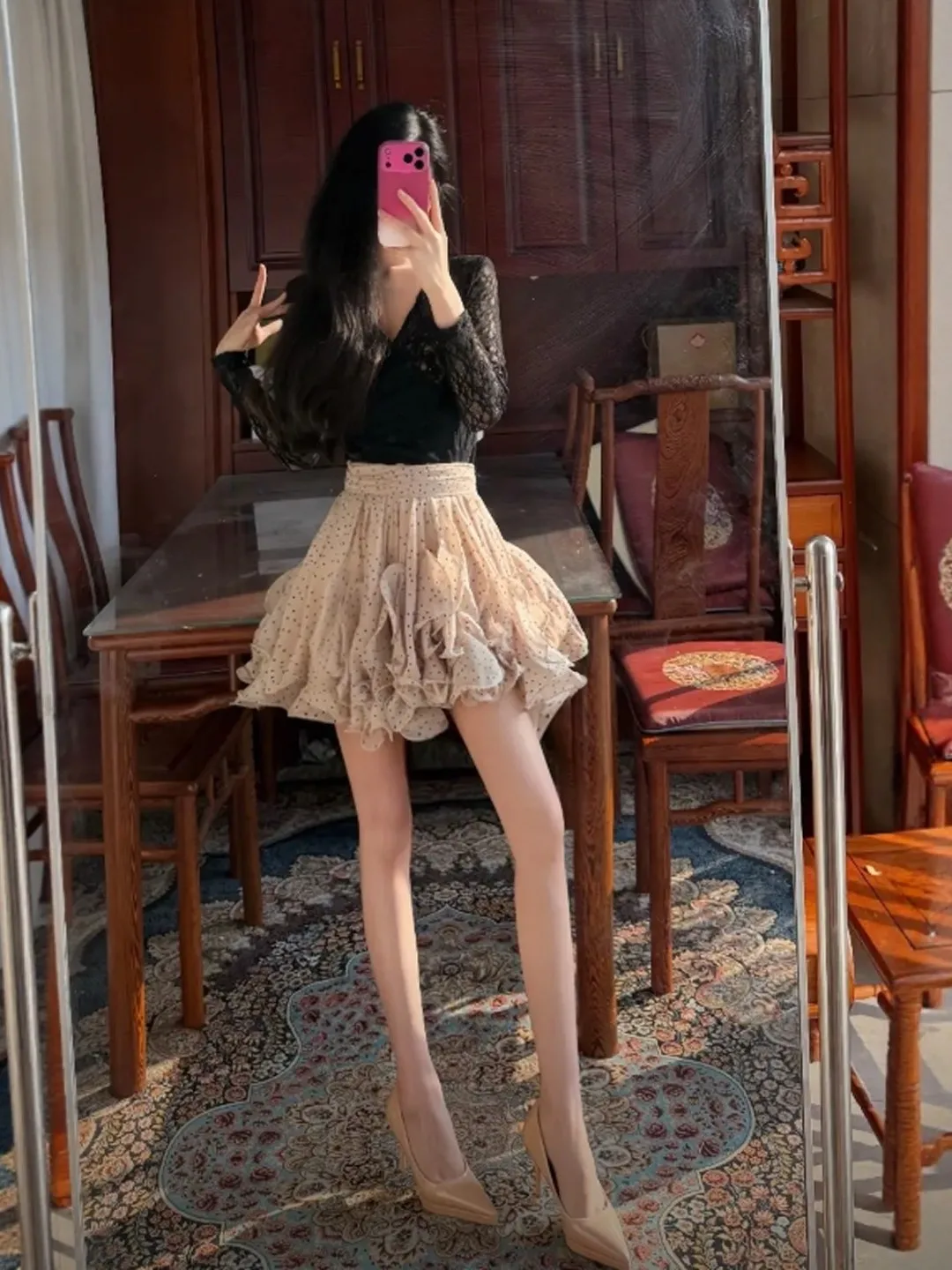 

Gentle Wind Unique Super Beautiful V-ne Top Polka Dot f-length Skirt Two-piece Set Clete OOTD Spring 2026 Women's Fas...