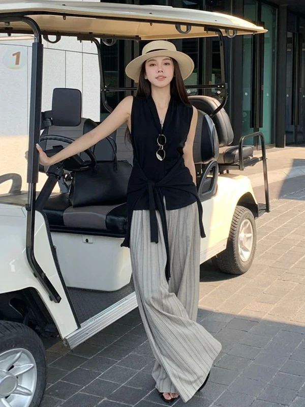 

Elegant Black Sleeveless Knitted Vest And Casual Pants Two-Piece Set for Women Summer Contrast Stripe Long Trousers Fashionab...
