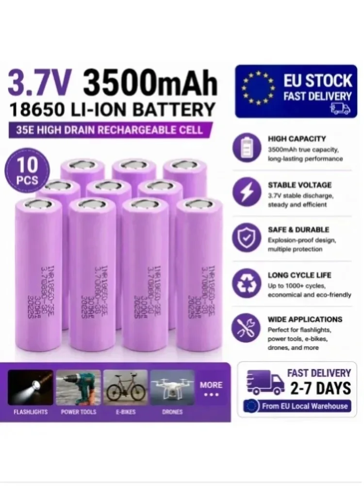 18650 3,7V 3500mAh Hochleistungs-Lithium-Ionen-Akku 20A INR18650-35E Hochkapazitäts-Energiezelle für Taschenlampen und Elektrogeräte EU-Lager