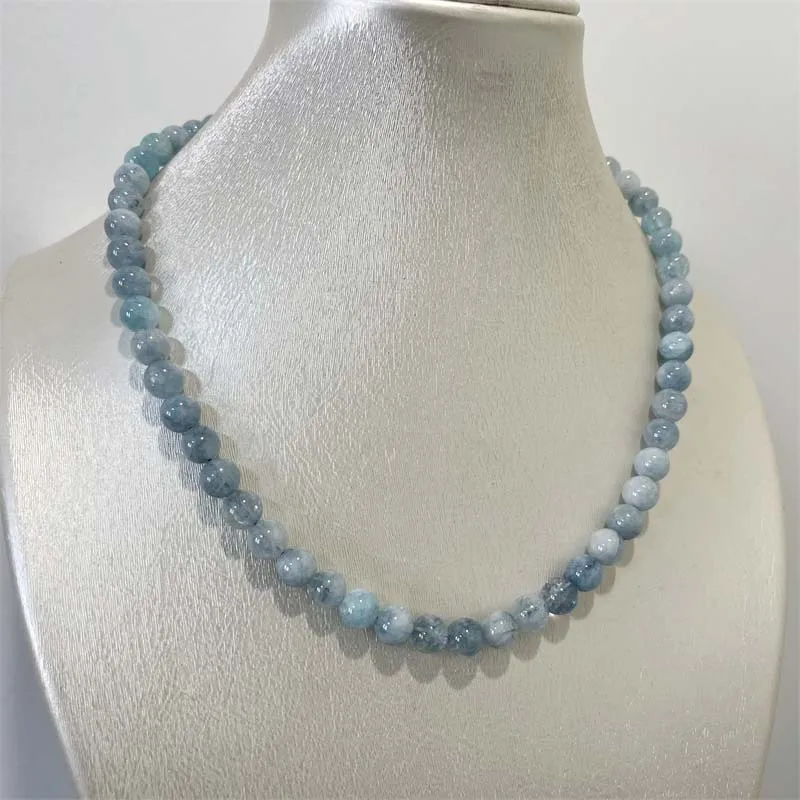 8MM Aquamarine Jade Necklace Blue Natural Stone Beads Jewelry Health Care Gemstone Protection Choker Healing Yoga Simple Female