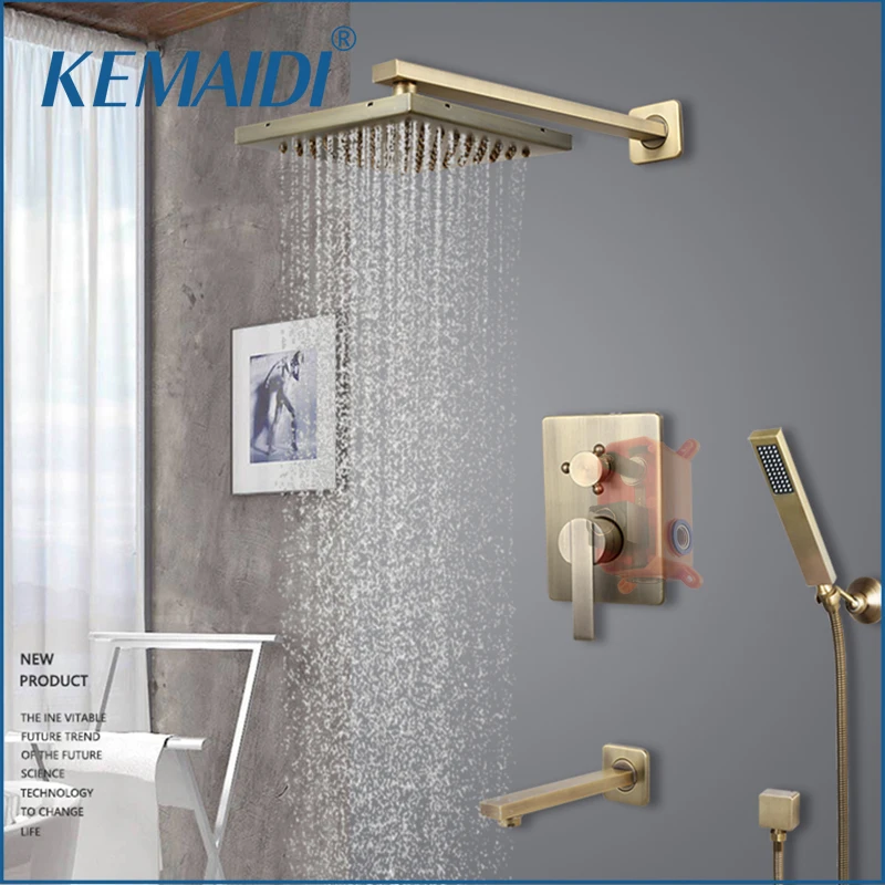 

KEMAIDI Antique Brass Shower Faucet Set Wall Mounted Brass Mixer Shower Systerm w/ Bathtub Spout Rainfall Shower Head Embedded