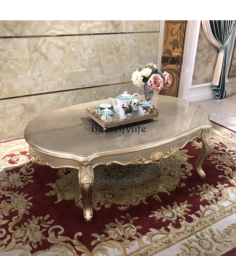 

02 French solid wood large coffee table, European luxury carved oval, villa small apartment tea table living room