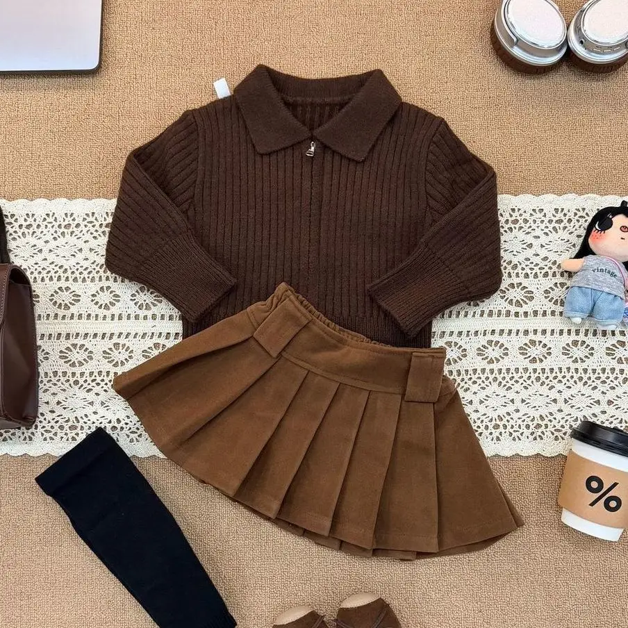 Girls' Knitted Set Autumn New Collection Children's Retro Zipper Sweater Coat+Skirt 2-piece Set 90-140cm