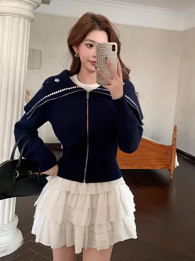 Sweet Sailor Collar Women Autumn Knitted Cardigan Long Sleeve High Waist Slim Fit Knitwear Casual Fashion Diamonds Sweater Top