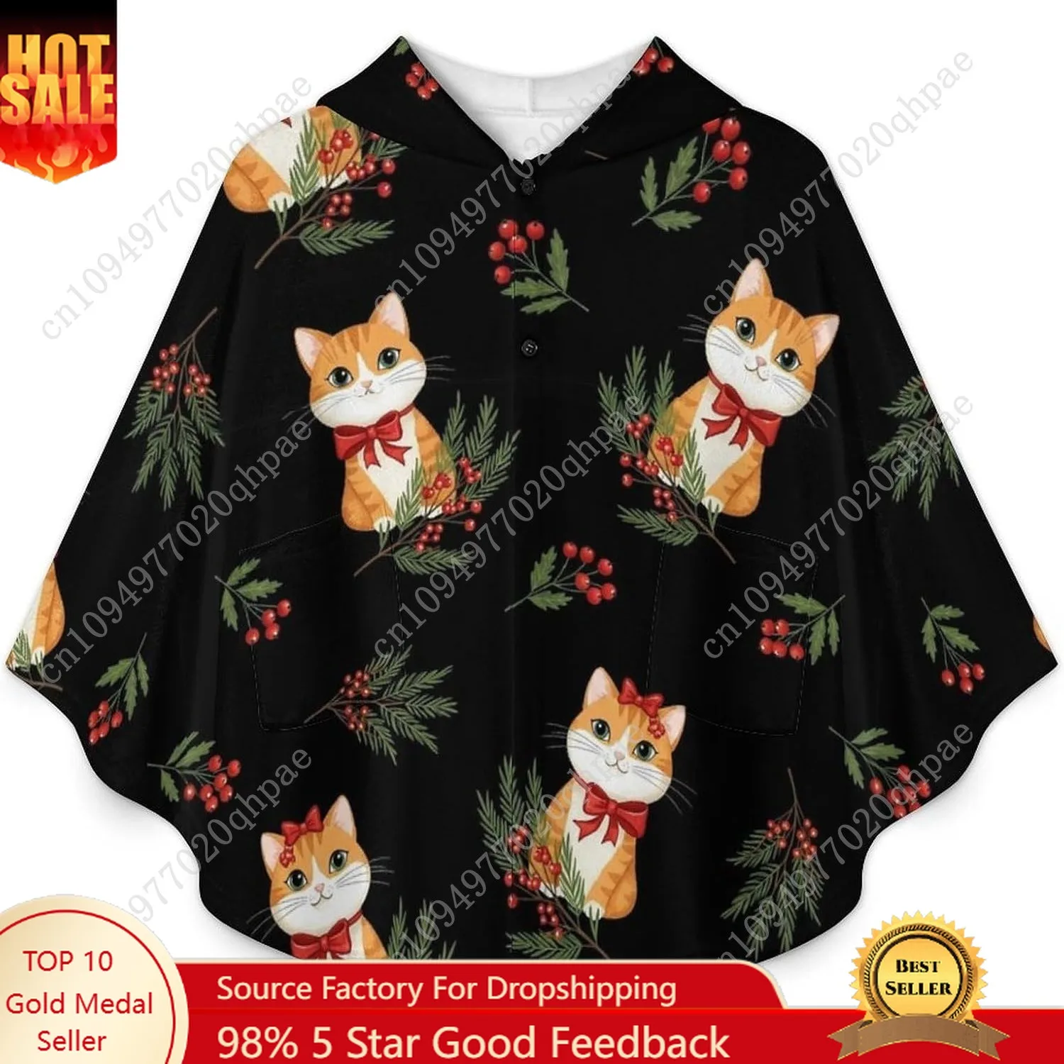 سترة بطانية مريحة من الفلانيل، هوديي كبير الحجم بأقواس حمراء للقطط مع جيوب للأطفال والمراهقين