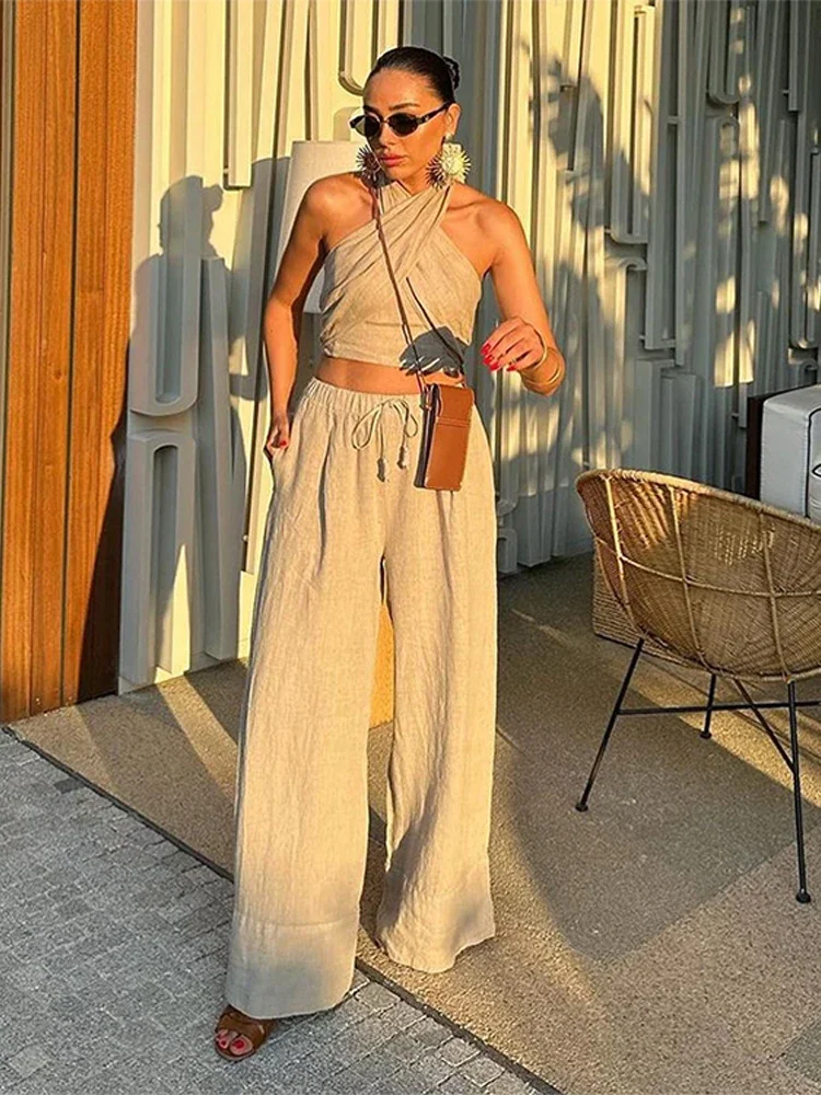 

Cotton Linen Pants Sets Women Fashion Halter Crop Top Two Piece Ladies Sets Flimsy Wide Leg Pants Newest Summer High Street