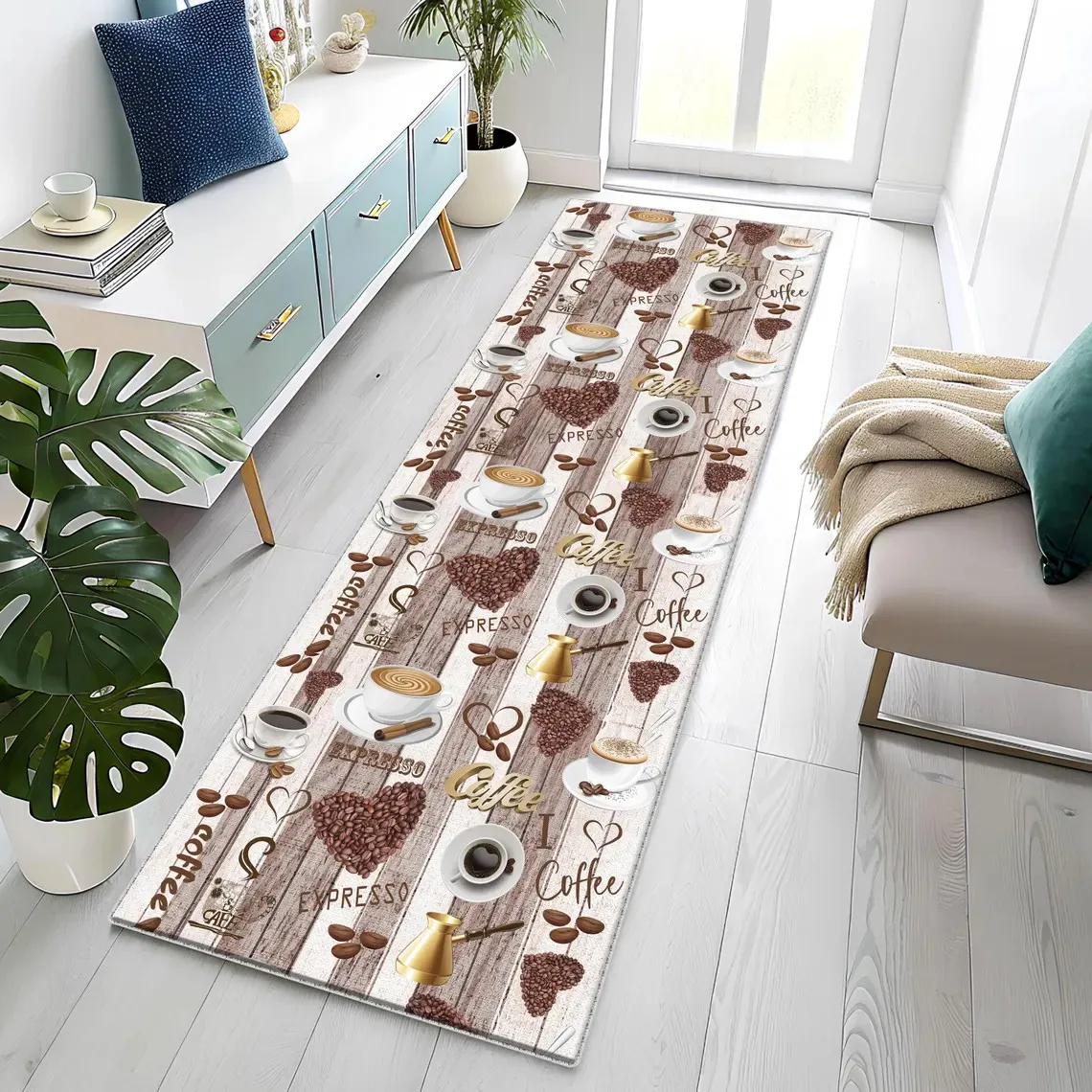 Retro Coffee Theme Runner Rug for Hallway Espresso Pattern Floor Mat Anti-Slip Kitchen Long Carpet Living Room Home Decoration