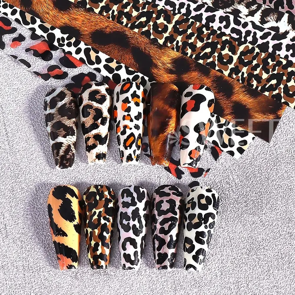 10Pcs/Box Leopard Print Transfer Nail Foils Sticker DIY 4x100cm Nail Stickers Animal Pattern Nail Art Transfer Paper