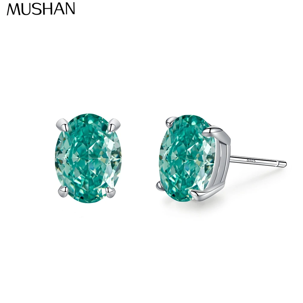 MUSHAN Brand JewelryS925 Sterling Silver Oval Mint Green Stud Earrings Women'S High Carbon Diamond Super Flash Geometry Earrings