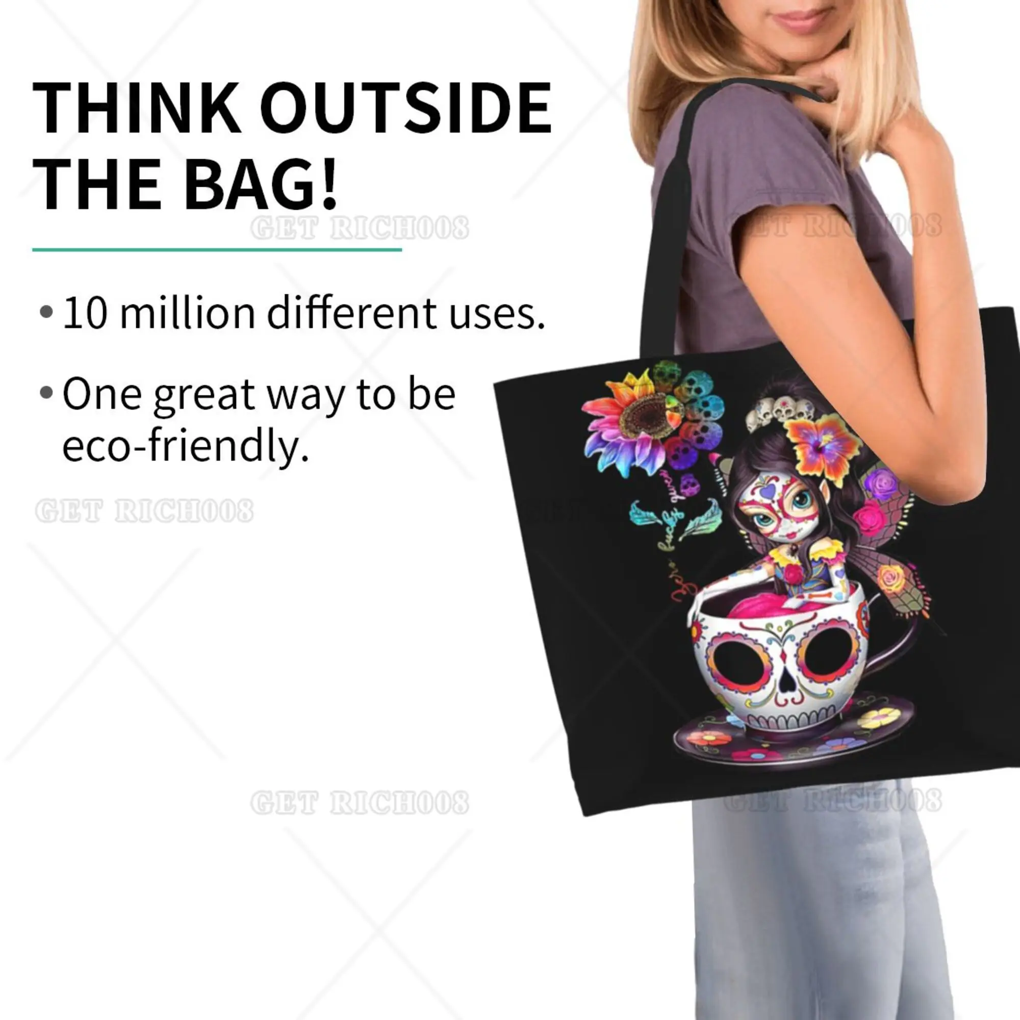 Suger-Bolso de mano reutilizable para mujer, bolsa de hombro con diseño de calavera y Hada, ideal para ir de compras, ir de Picnic o de supermercado, ecológico