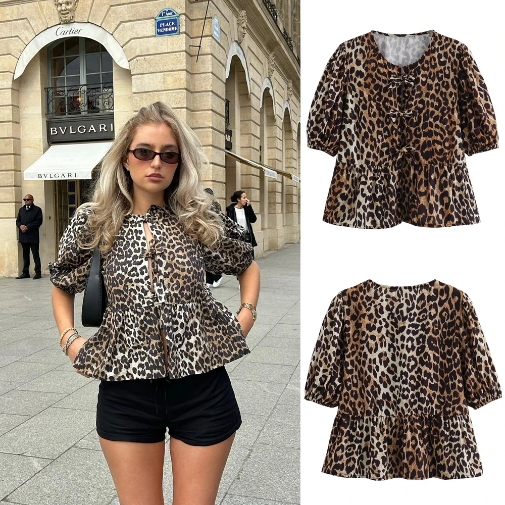 

PB&ZA Women's 2024 Summer New Arrival Fashion Retro Round Neck Short Sleeve Butterfly Machine Decorated Leopard Print Top