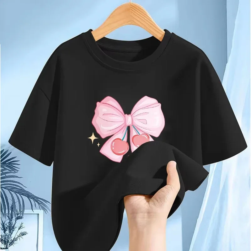 Girls Cute Pink Bow And Cherry Graphic T Shirt Sweet Cartoon Ribbon Cherry Print Short Sleeve Kids Summer Casual Top