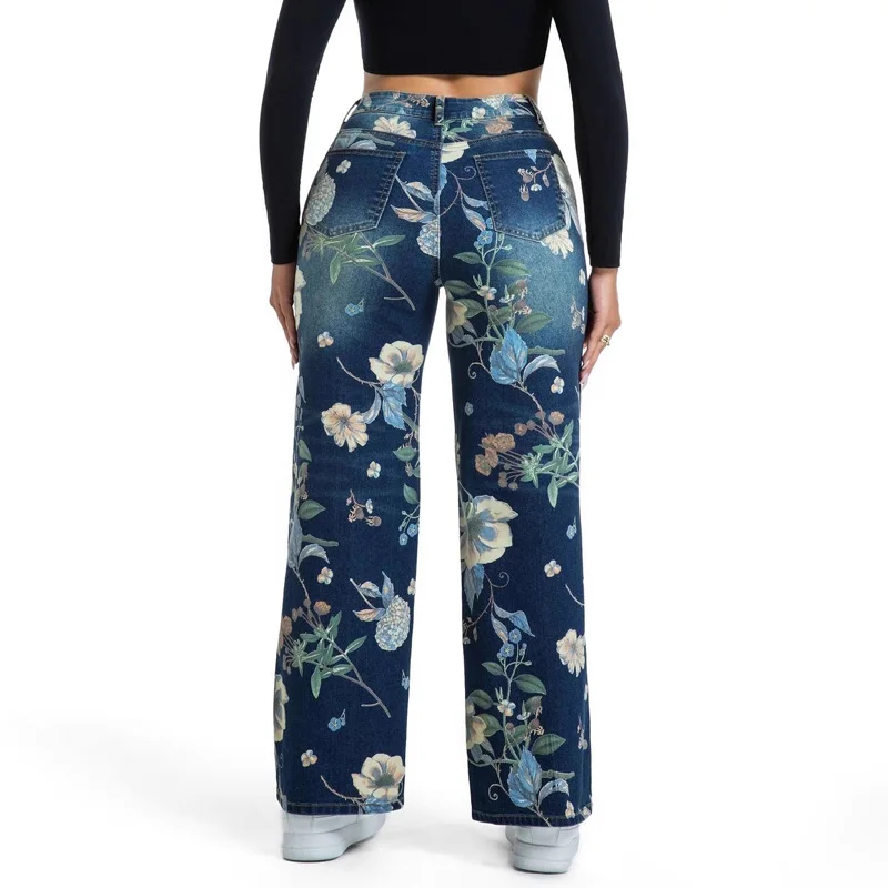 Benuynffy Pantaloni a gamba larga in denim blu stampato 2025 Autunno Nuovo retrò a vita alta Moda allentata Jeans dritti Pantaloni streetwear