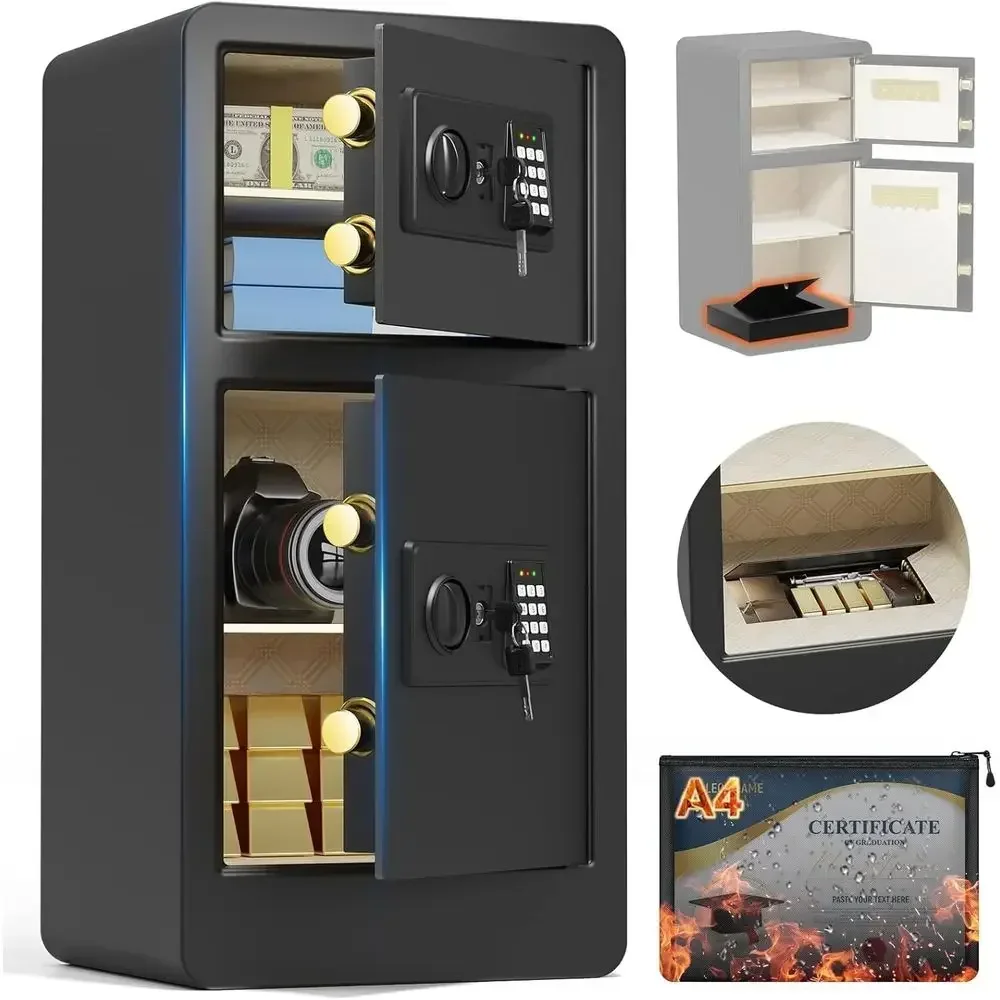 Extra Large Waterproof and Fireproof Safe Box with Double Doors, A4 Bag, Digital Keypad, Spare Key, and Smart Alert for Home Sec