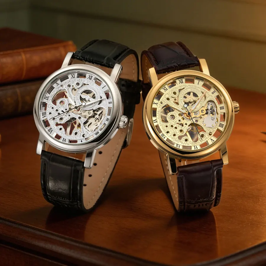 Luxury Brands T-Winner Ultra Thin Men's Watch Vintage Luminous Transparent Skeleton Manual Movement Mechanical Male Wristwatches