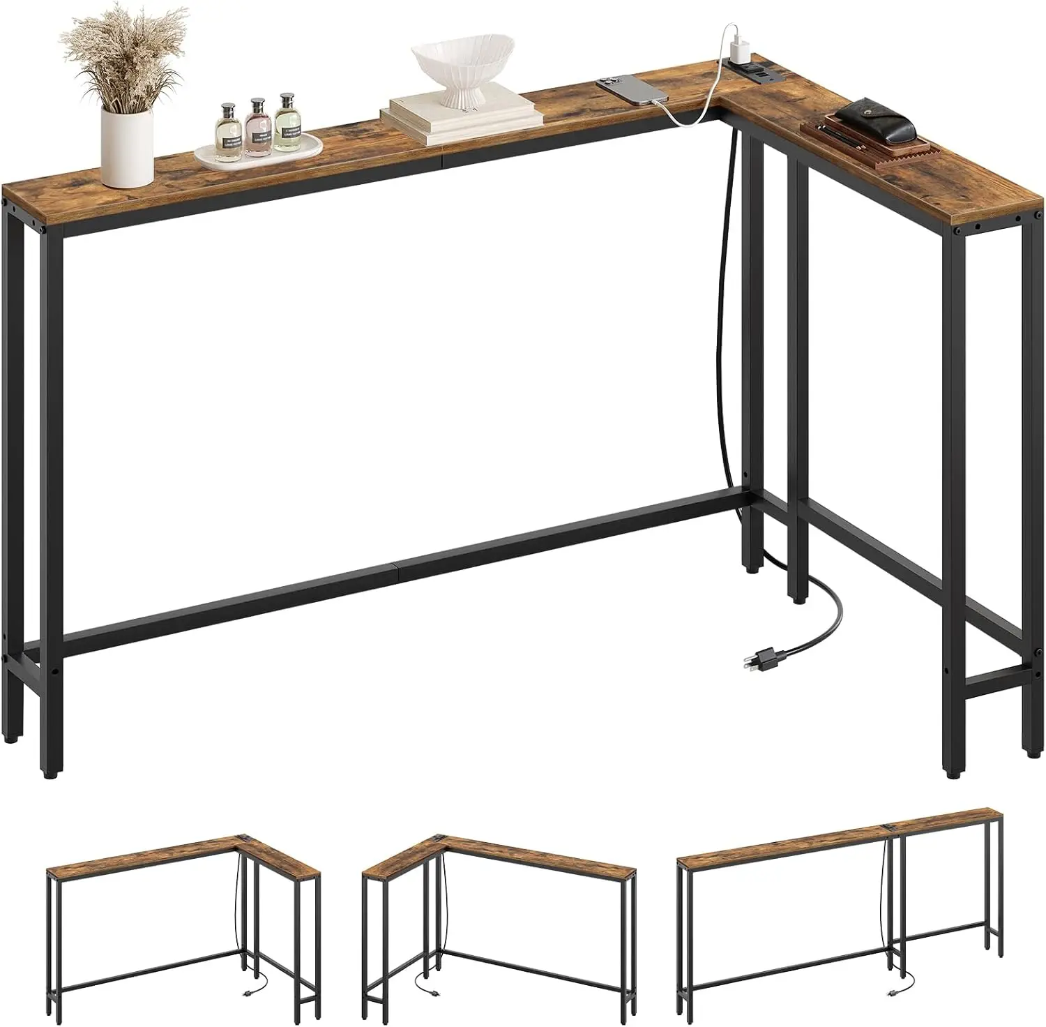 

Slim L-Shaped Console Table with Charging Station, 70.9" Sofa Table for Living Room, Hallway, Rustic Brown Finish