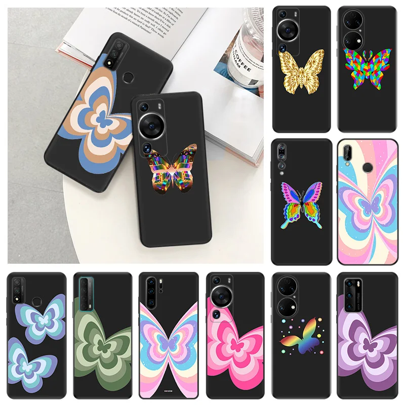 Soft Case for Honor 70 90 Magic5 Pro X6 X7 X8 a X9 b Huawei P40 P30 P20 P Smart Multi Coloured Butterfly Black Phone Cases Cover