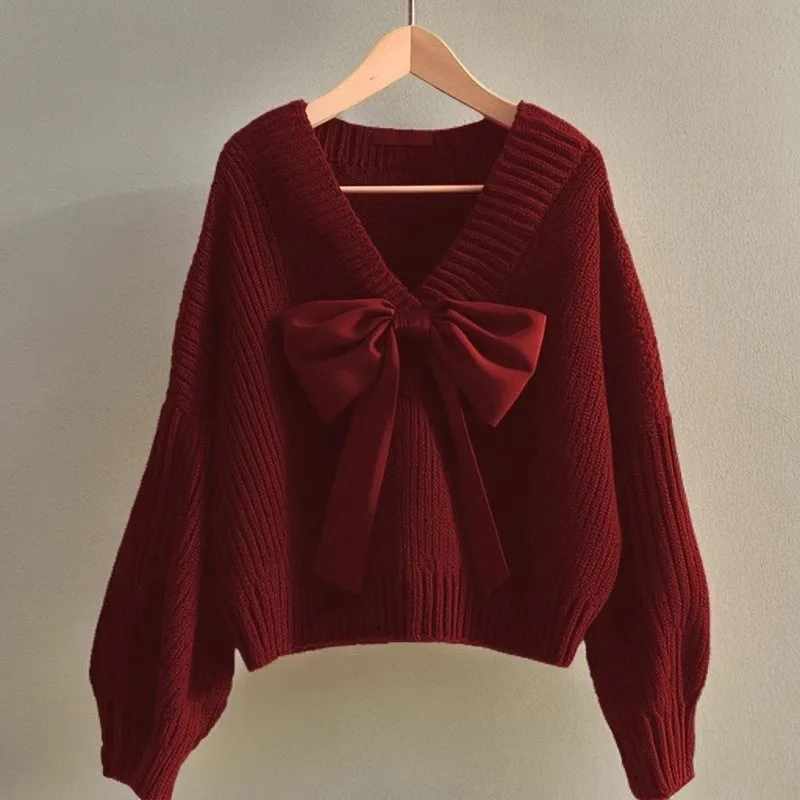 Winter Clothes Woman Pulls Femmes All-match Loose Simple Style Sweater Comfortable V-link Solid Color Bowknot Knitted Pullover