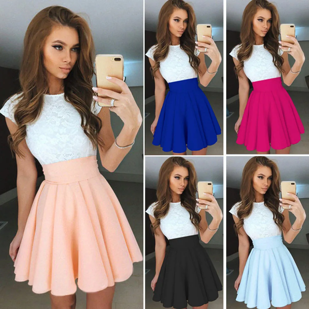 2023 Women Lace Party Cocktail Mini Dress Ladies Summer Short Sleeve Skater Dresses Daily Csaual Fashion Dresses Dropshipping