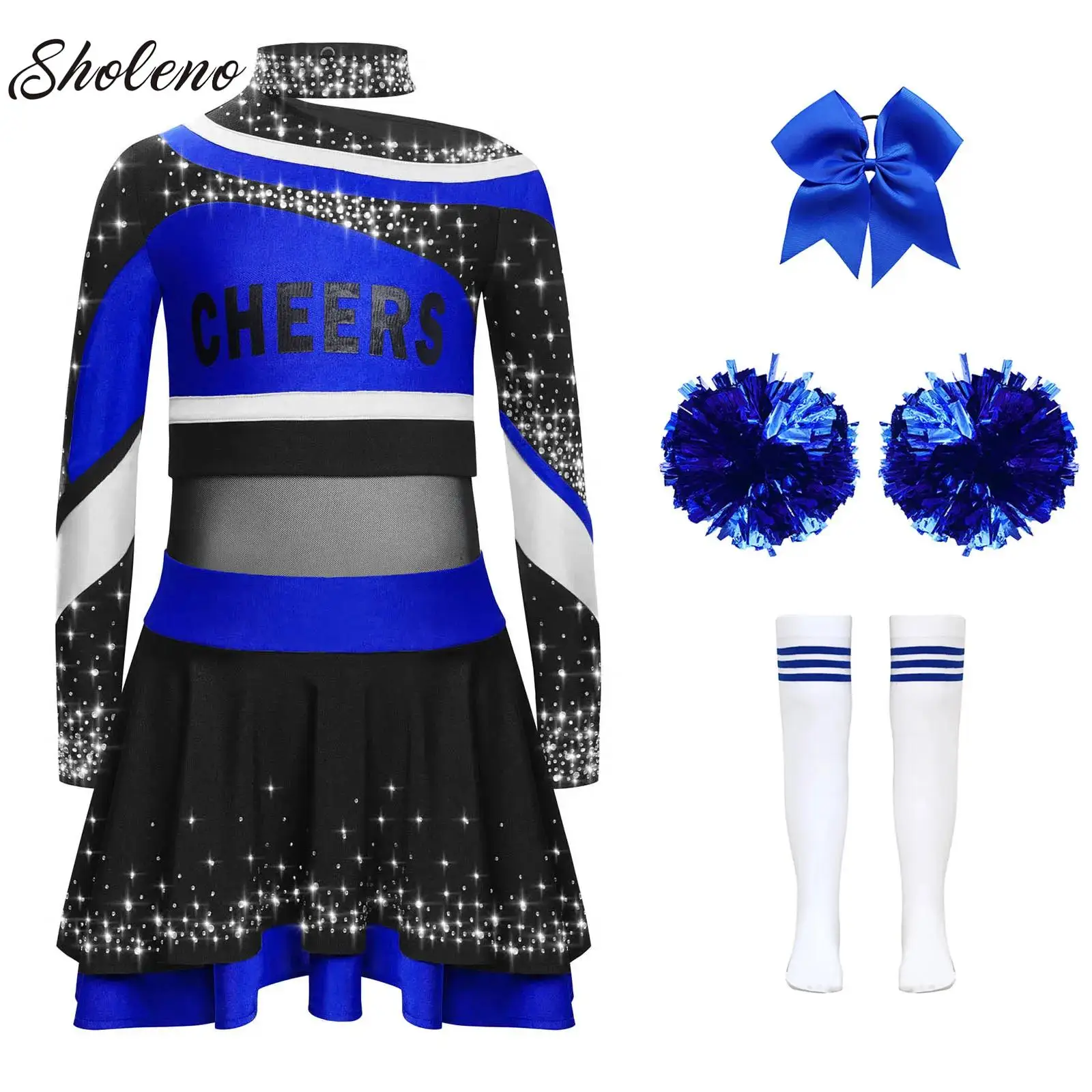 

Girls Cheerleading Clothes Outfits Halloween Fancy Dress Cheer Leader Costume Long Sleeve Dance Top and Skirts Socks Dancewear