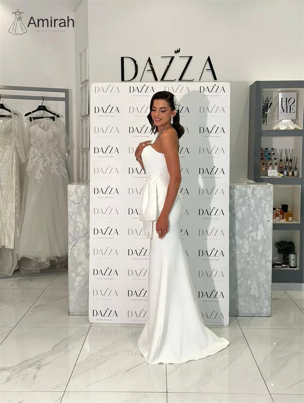 아미라 새틴 화이트 고급 여성 이브닝 드레스 럭셔리 2025 맞춤 제작 피쉬테일 우아한 가운 오프숄더 프롬 드레스