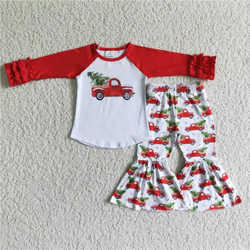 Truck Pull Christmas Tree Print Red 3 Layer Lace Long Sleeve Top Pants Set