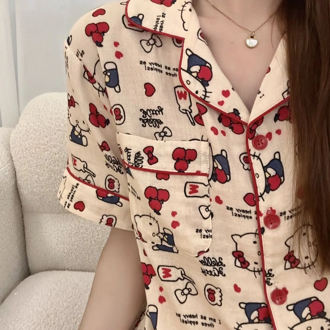 Hello Kitty pajamas set short sleeve cute cartoon sleepwear for women girls homewear