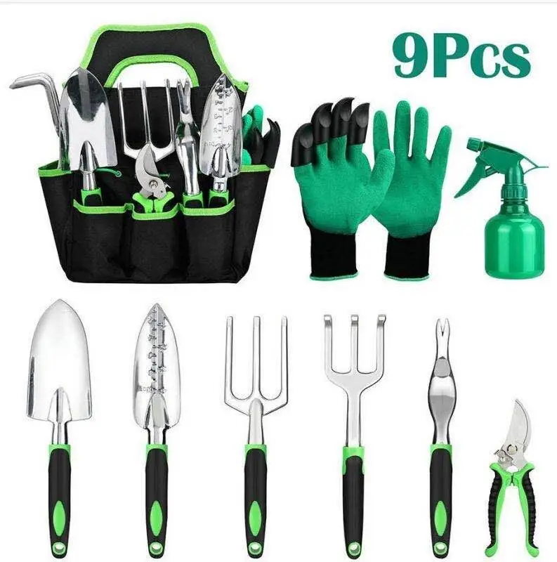 

Hot Sale Gardening Tools 9 Pieces Aluminium AlloyGardening Tool Set With Non-Slip Rubber Grip/ Storage Tote Bag