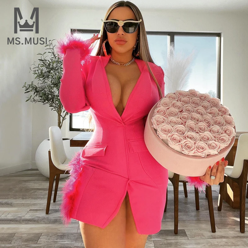 

MSMUSI 2023 New Fashion Women Sexy V Neck Feather Pocket Long Sleeve Bandage Party Club Bodycon Event Slit Mini Dress Vestidos