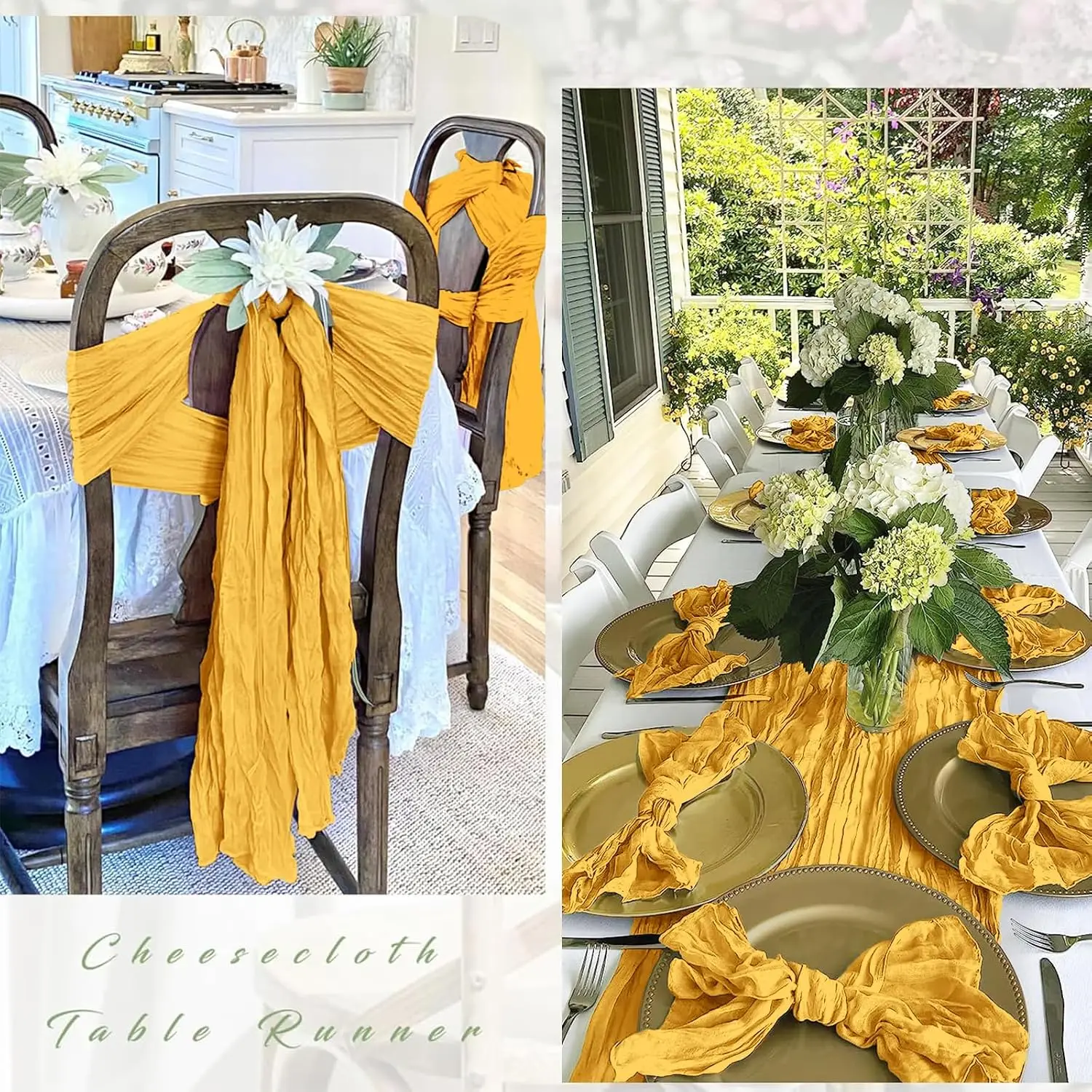 6pcs Gold Cheesecloth Table Runner Gauze Tablecloth Fabric Semi Sheer Bulk for Rustic Wedding Baby Shower Party Decoration