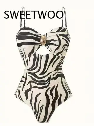 Women Zebra Print 2 Piece Swimsuit Set One Piece Bathing Suit With Wrap Cover Up Skirt For Beach Vacation Pool Party