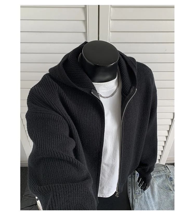 2026 New Autumn Winter Simple Solid Color Knitted Hoodie Men Japan Korean Fashion Casual Loose Double Zipper Hooded Jacket